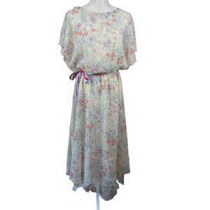 Jeri‎ Modes Vintage 70s Sheer Chiffon Floral Midi Dress Womens M Pink Tie Waist